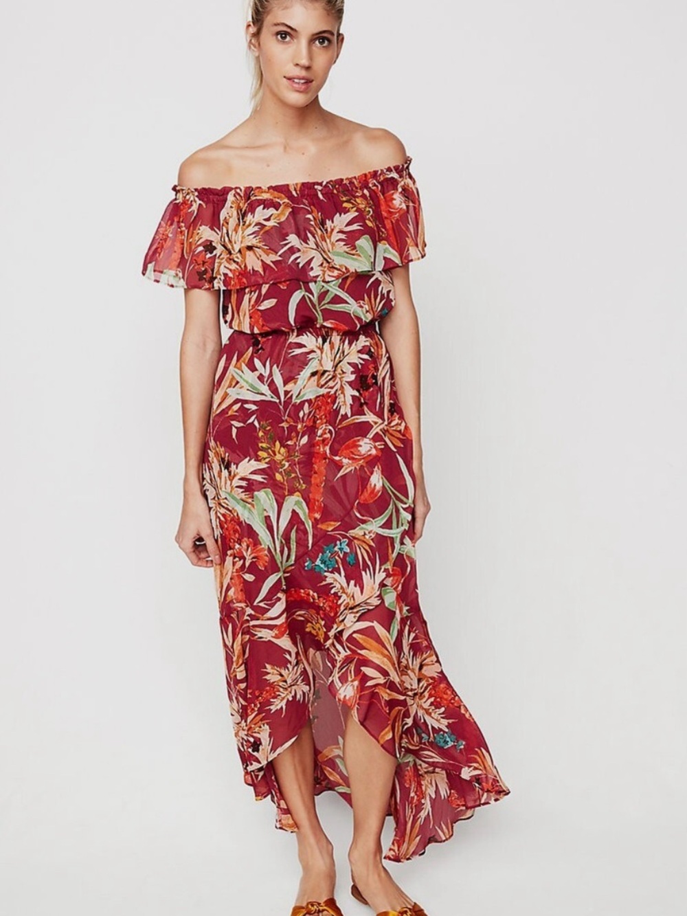 Express Red Floral Romantic Off-Shoulder Maxi Dress - Picture 2 of 14